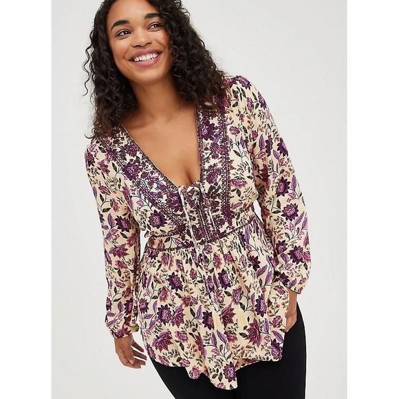 torrid Tops - TORRID 2X Sand Floral Embroidered Lace Babydoll Textured Challis Top Blouse